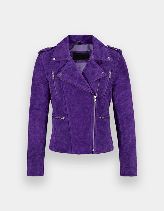 New Women's Biker Suede Leather Jacket Olive Suede Classic Fashion Casual Jacket, Chaqueta de ante en marrón oscuro.